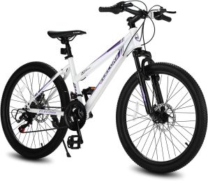 Elecony 24 inch Mountain Bike for Teenagers Girls Women; Shimano 21 Speeds Gear MTB with Dual Disc Brakes and 100mm Front Suspension; White/Pink