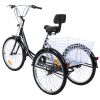 Black Adult Tricycle 6 Speed Three Wheel Cruise Bike Trike 24' with Large Size Basket 3-Wheeled Men Women Cruise Tri Bike for Recreation Shopping Exer